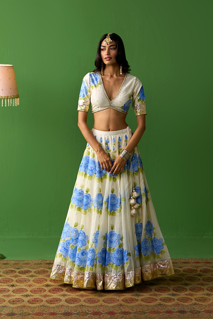 Sirat Vol. 2 Ivory Blue Floral Hand Painted Dupatta