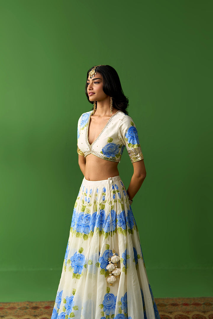 Sirat Vol. 2 Ivory Blue Hand Painted Lehenga Set ( Set Of 3)