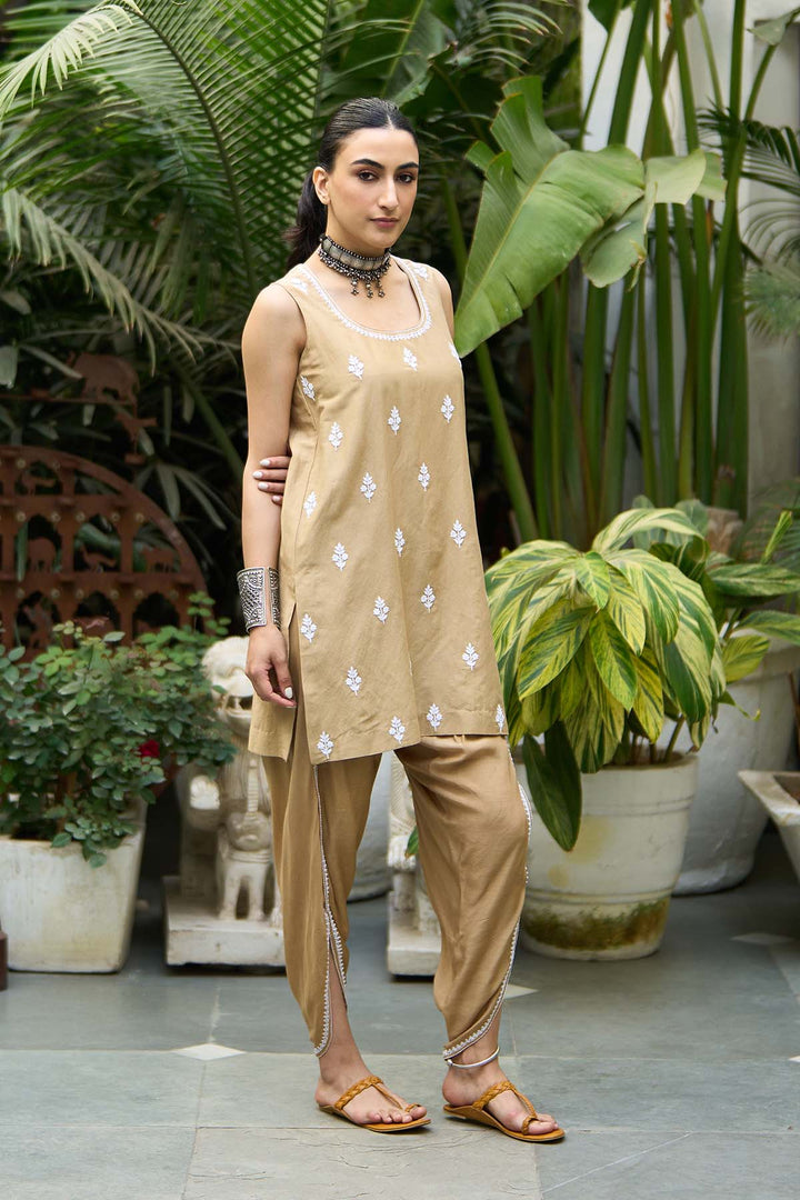 chikankari biege short kurta with tulip pants and jacket( set of 3)