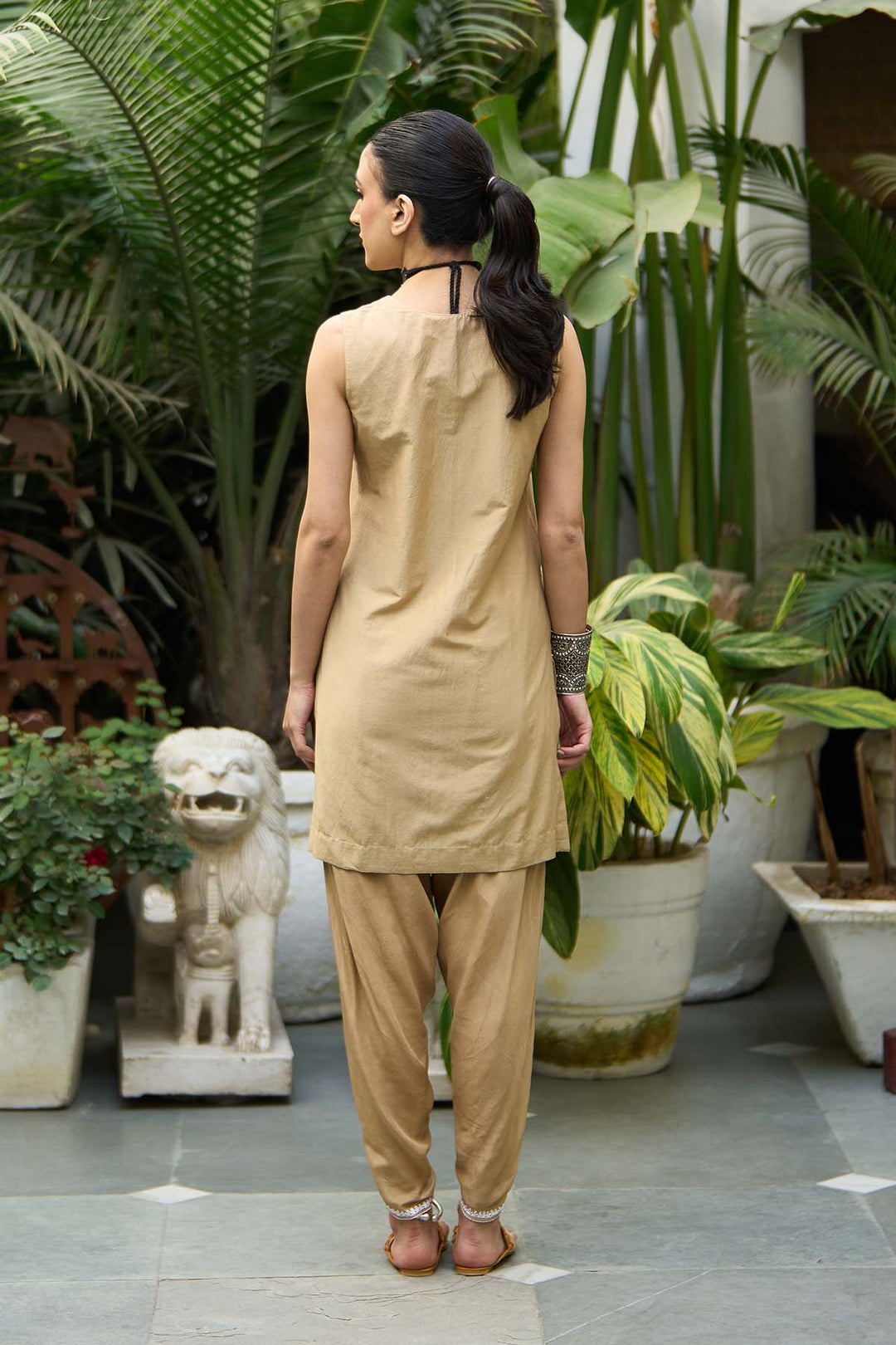 Chikankari biege short kurta with tulip pants ( set of 2 )