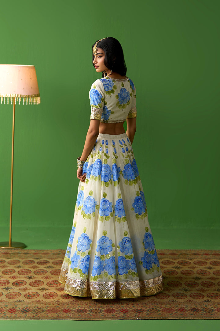 Sirat Vol. 2 Ivory Blue Floral Hand Painted Dupatta