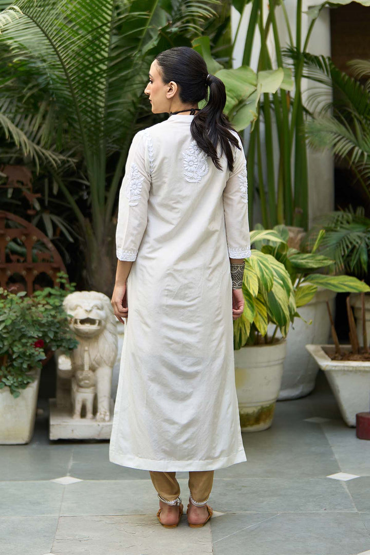 chikankari biege short kurta with tulip pants and jacket( set of 3)