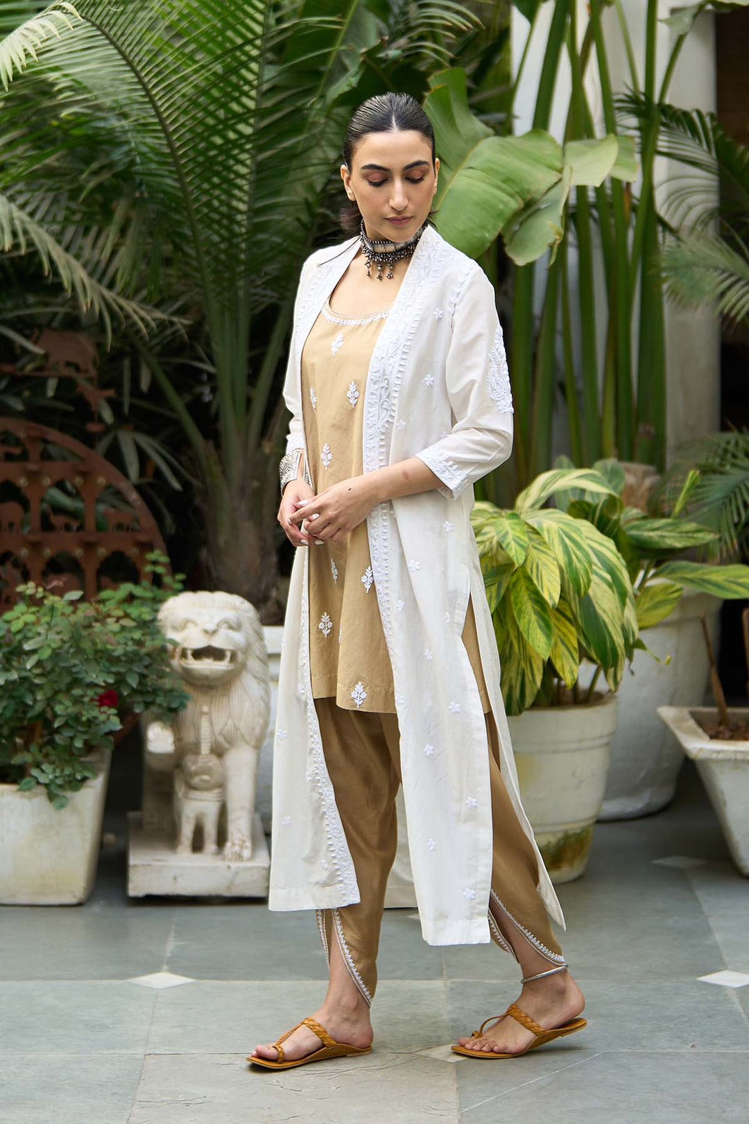 chikankari biege short kurta with tulip pants and jacket( set of 3)