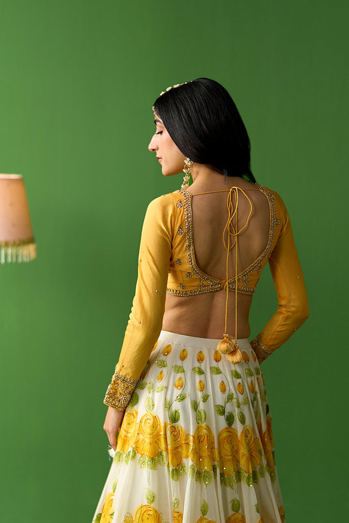 Sirat Vol. 2 Ivorymustard Hand Painted Lehenga With Blouse And Dupatta ( Set Of 3)
