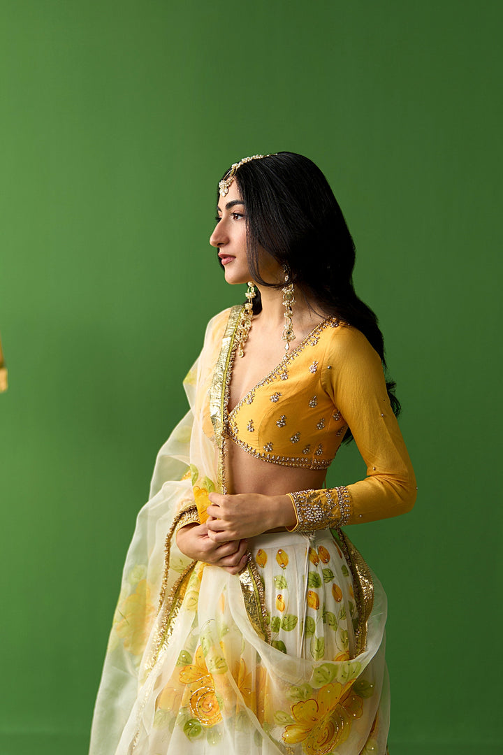 Sirat Vol. 2 Ivory Mustard Hand Painted Lehenga Set ( Set Of 3)