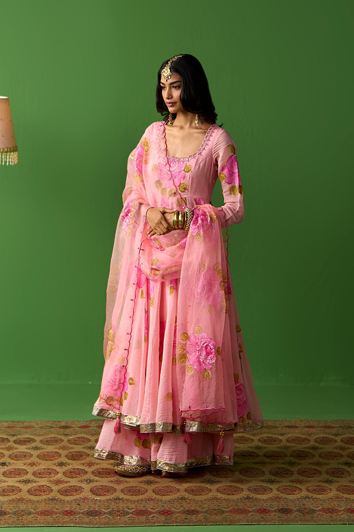 Sirat Vol. 2 Peach Hand Painted Anarkali With Sharara And Dupatta ( Set Of 3)