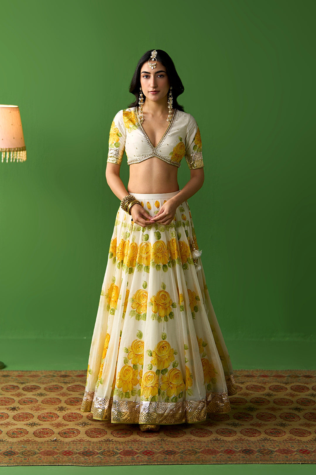 Sirat Vol. 2 Ivory Mustard Hand Painted Lehenga Set with Floral Blouse( Set Of 3)