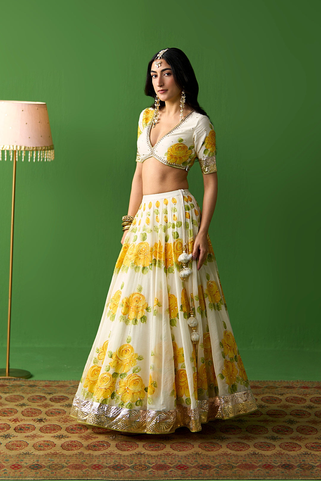 Sirat Vol. 2 Ivory Mustard Hand Painted Lehenga Set with Floral Blouse( Set Of 3)