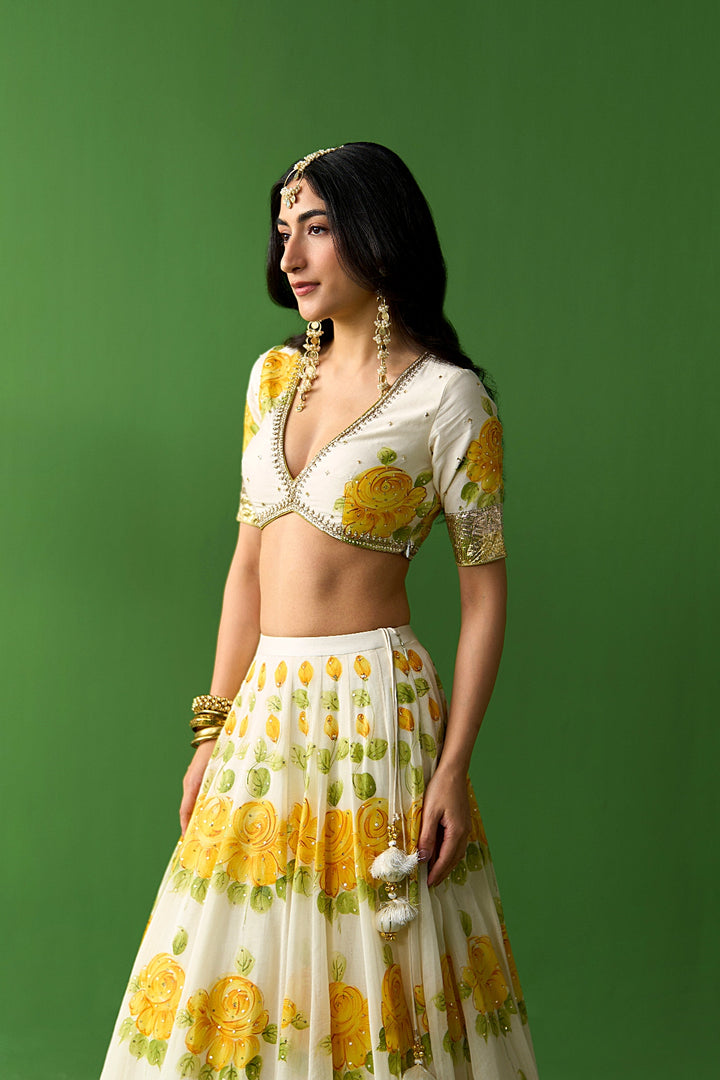 Sirat Vol. 2 Ivory Mustard Hand Painted Lehenga Set with Floral Blouse( Set Of 3)