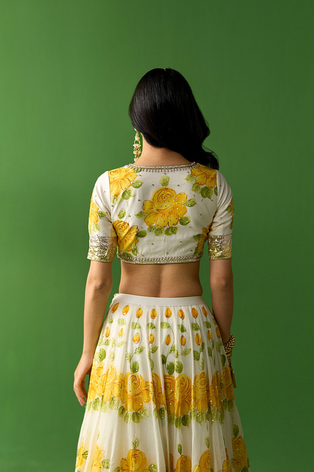 Sirat Vol. 2 Ivory Mustard Hand Painted Lehenga Set with Floral Blouse( Set Of 3)