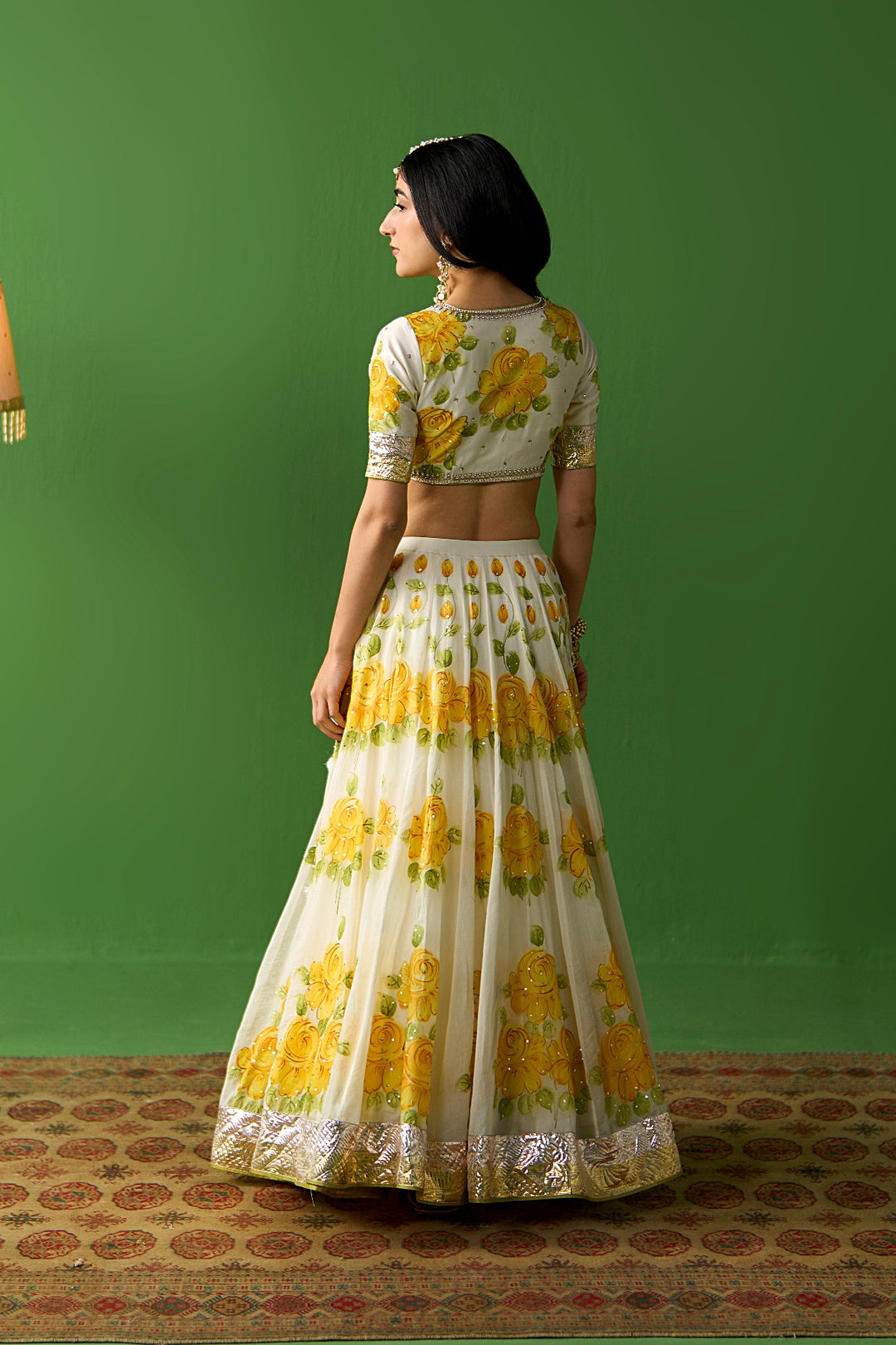 Sirat Vol. 2 Ivory Mustard Hand Painted Lehenga Set with Floral Blouse( Set Of 3)