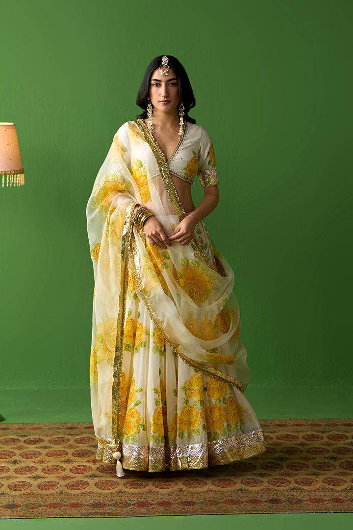 Sirat Vol. 2 Ivory Mustard Hand Painted Lehenga Set with Floral Blouse( Set Of 3)