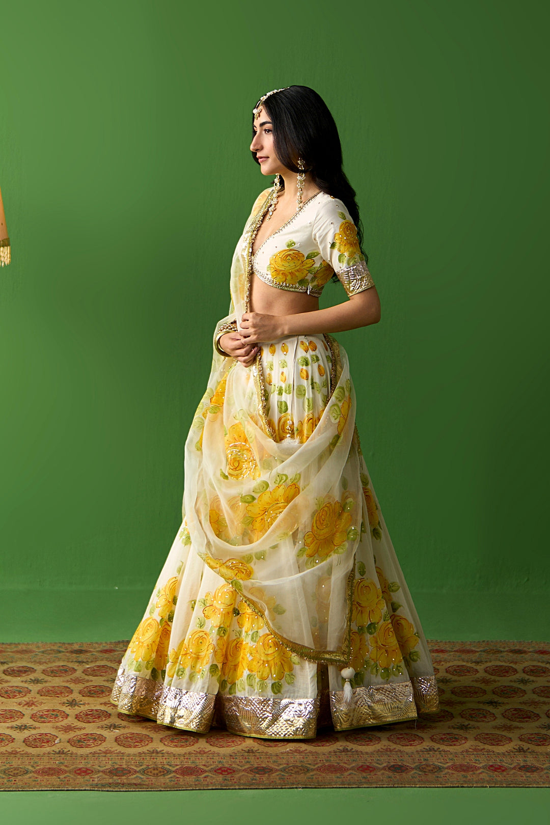 Sirat Vol. 2 Ivory Mustard Hand Painted Lehenga Set with Floral Blouse( Set Of 3)