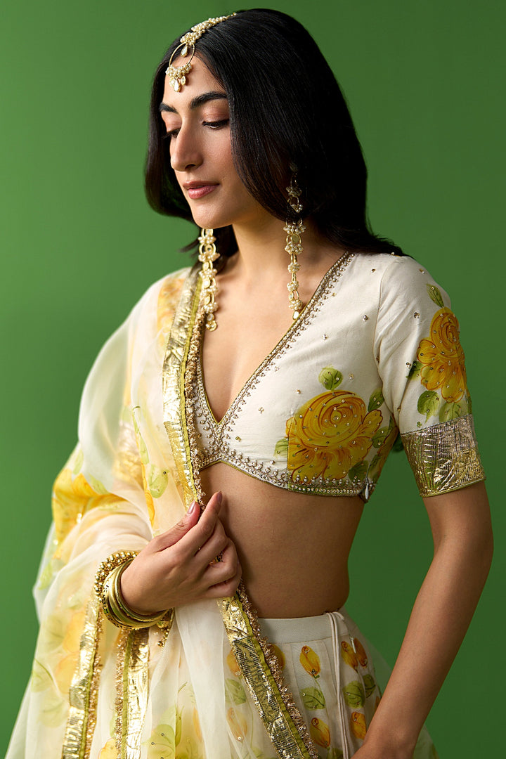 Sirat Vol. 2 Ivory Mustard Hand Painted Lehenga Set with Floral Blouse( Set Of 3)