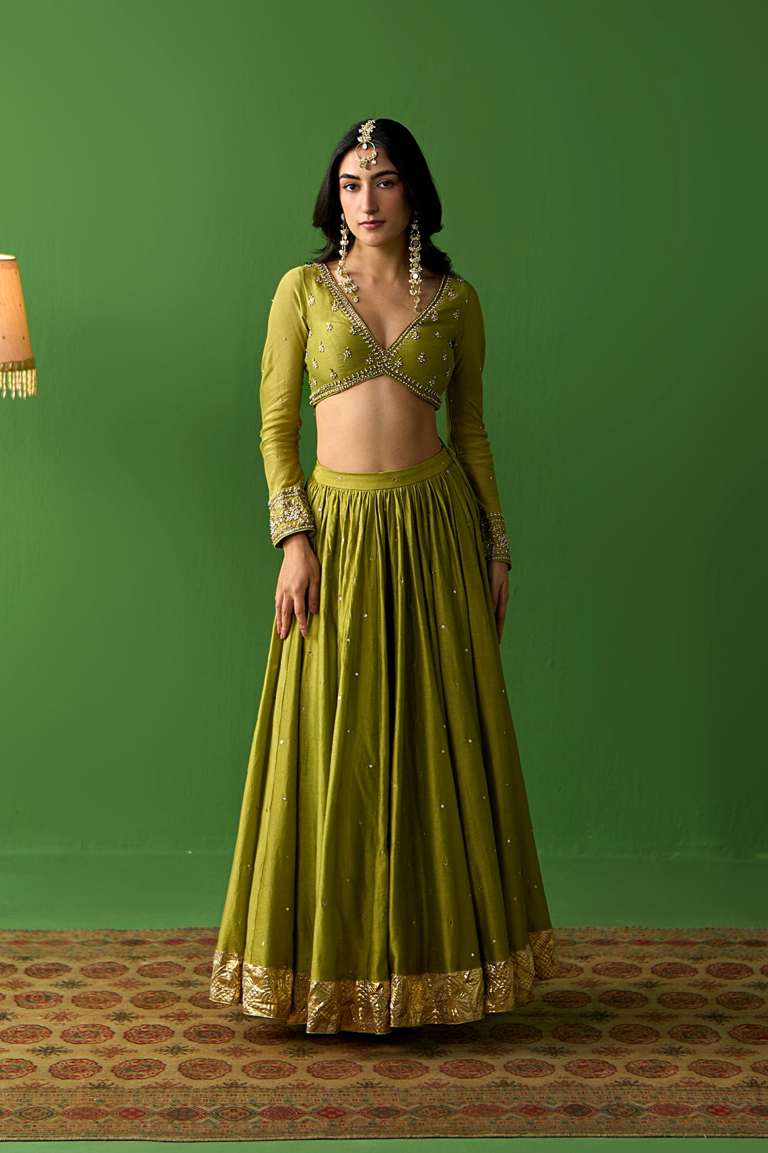 Sirat Vol. 2 Solid Green Lehenga With Blouse And Hand Painted Pink Dupatta ( Set Of 3)