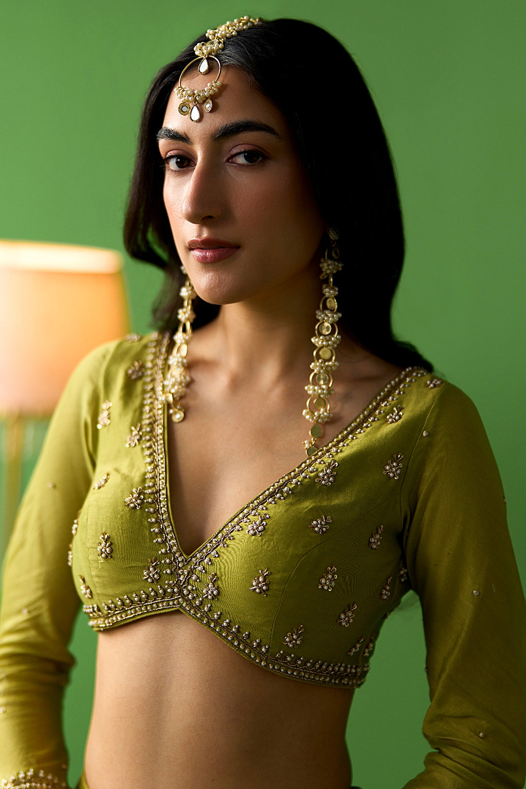 Sirat Vol. 2 Solid Green Lehenga With Blouse And Hand Painted Pink Dupatta ( Set Of 3)