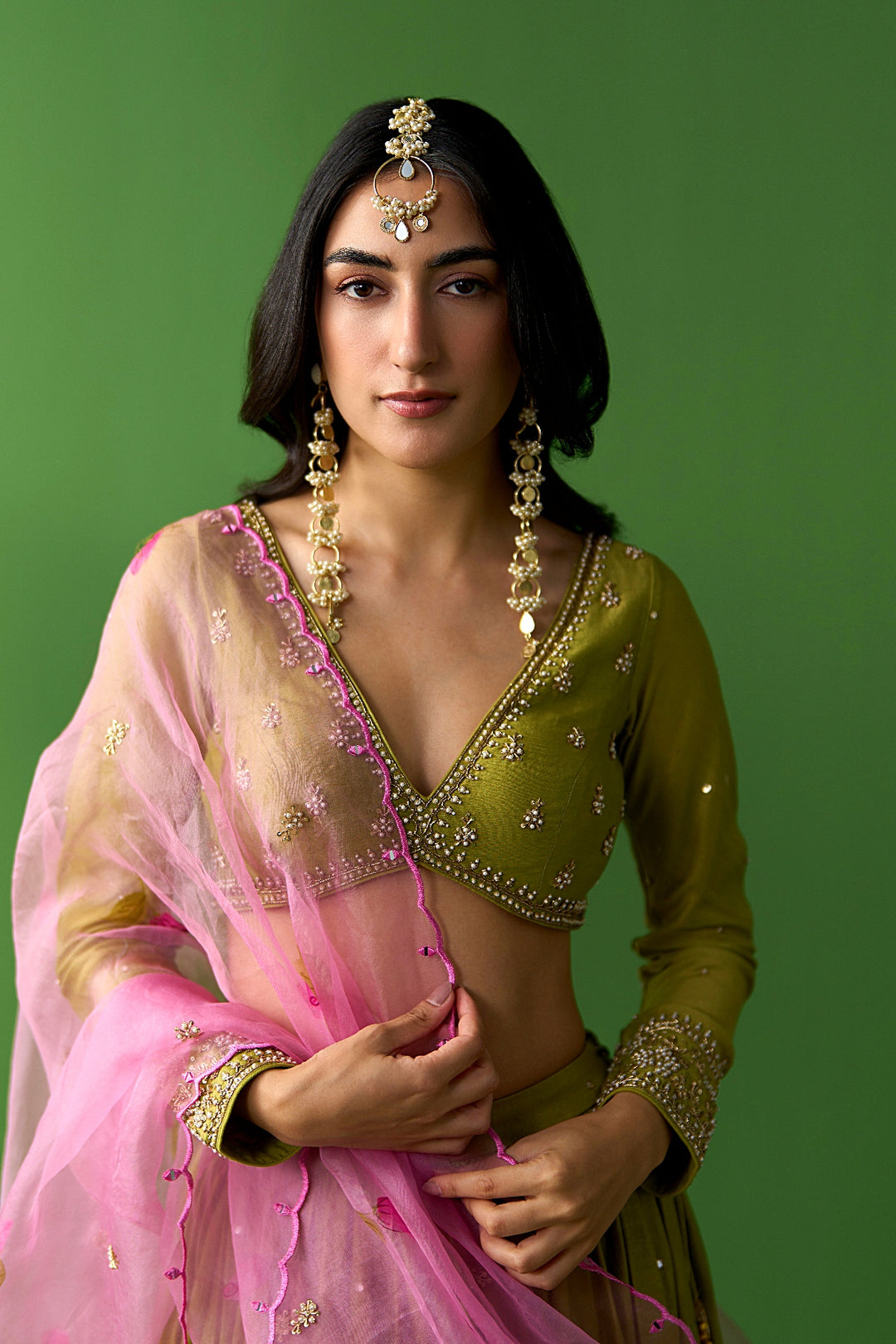 Sirat Vol. 2 Solid Green Lehenga With Blouse And Hand Painted Pink Dupatta ( Set Of 3)