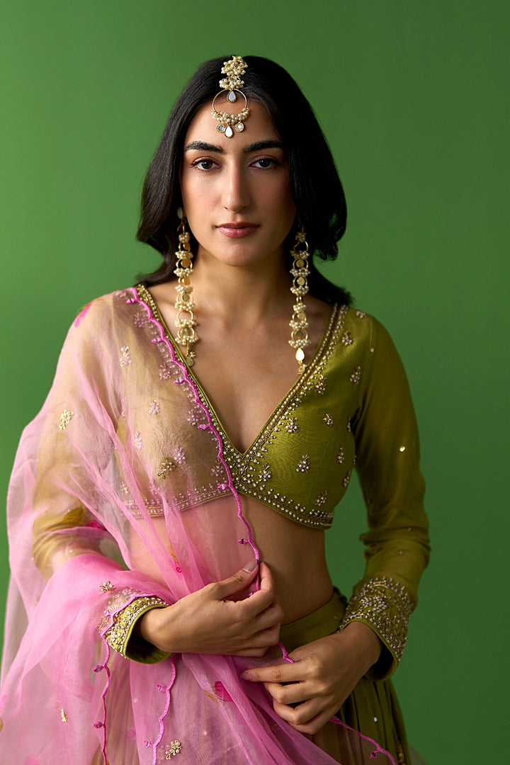 Sirat Vol. 2 Solid Green Lehenga With Blouse And Hand Painted Pink Dupatta ( Set Of 3)