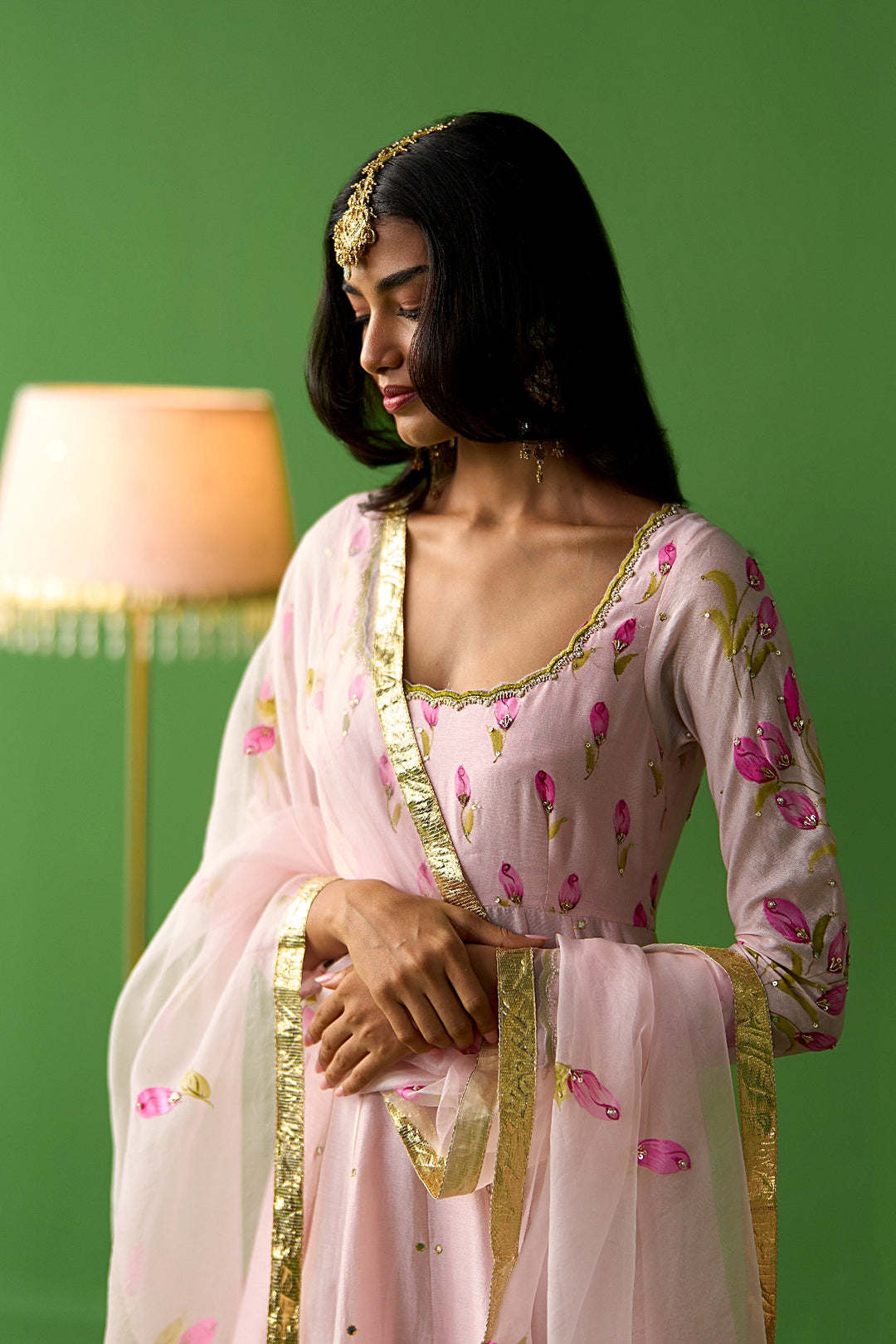 Sirat Vol. 2 Soft Pink Hand Painted Yoke Anarkali With Chooridar And Dupatta ( Set Of 3)