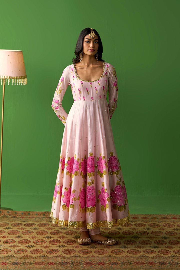 Sirat Vol. 2 Soft Pink Hand Painted Yoke Anarkali With Chooridar And Dupatta ( Set Of 3)