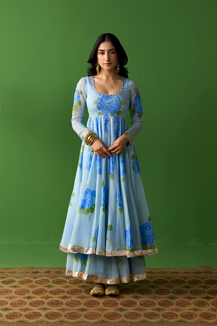 Sirat Vol. 2 Powdre Blue Powder All Over Floral Organza Hand Painted Duaptta