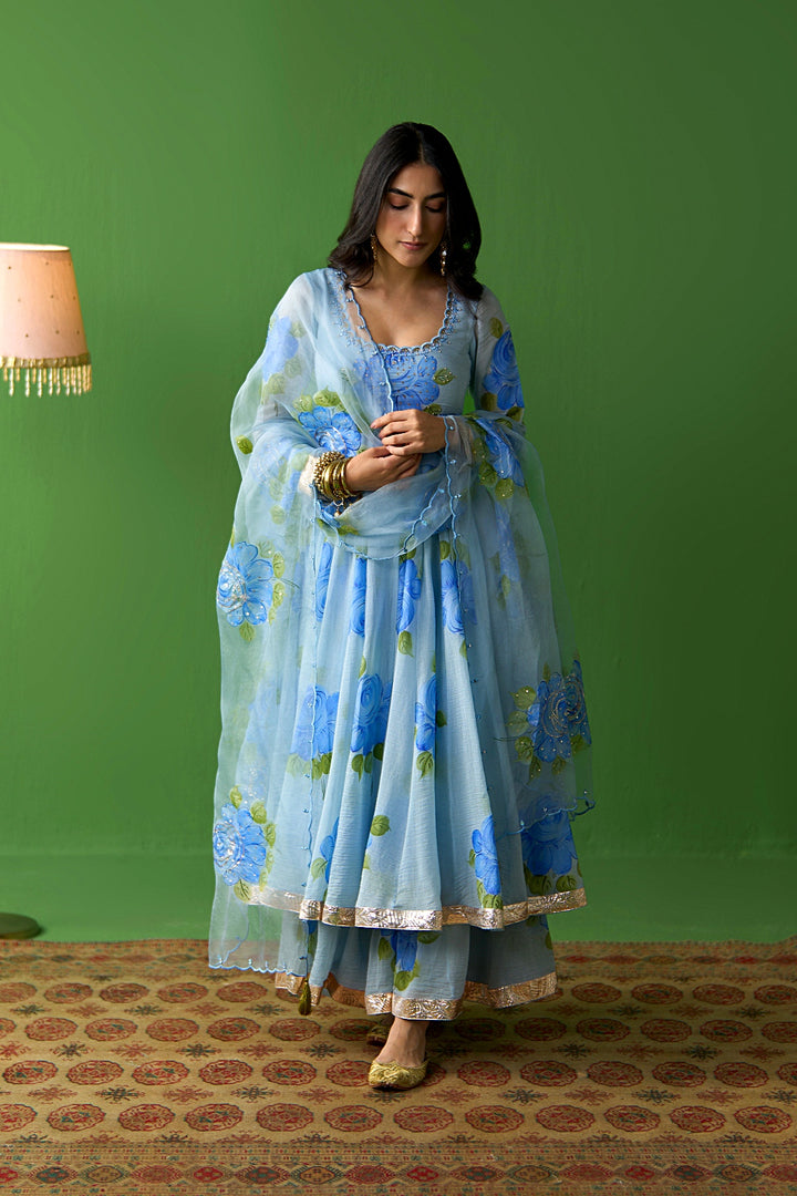 Sirat Vol. 2 Powder Blue Hand Painted Anarkali With Sharara And Dupatta ( Set Of 3)