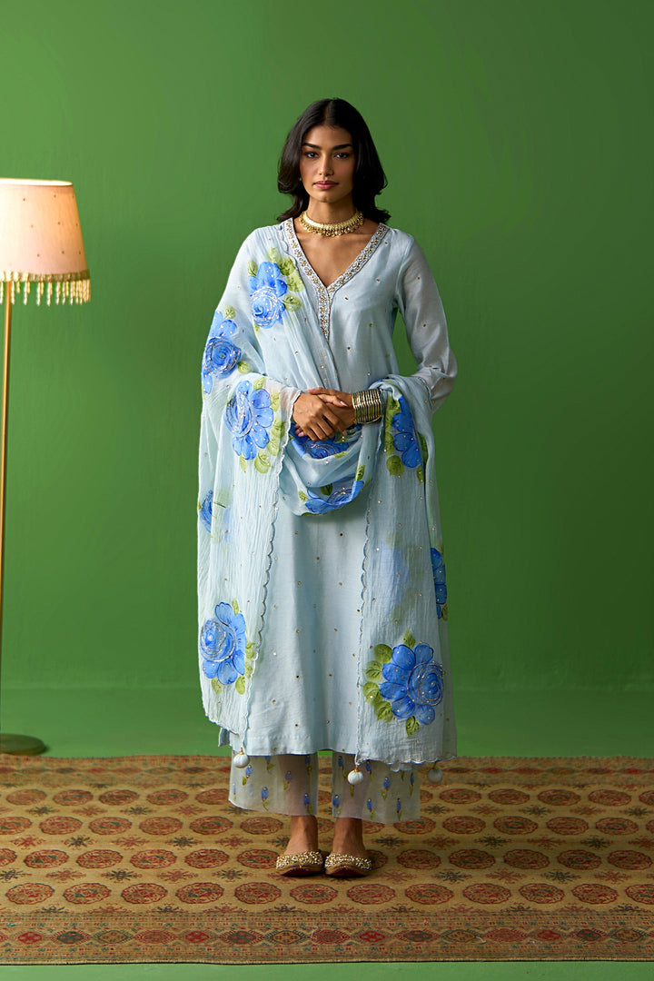Sirat Vol. 2 Powder Blue Solid Straight Kurta With Palazzo And Hand Painted Dupatta ( Set Of 3)