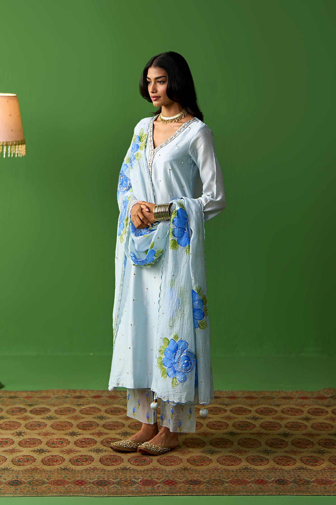 Sirat Vol. 2 Powder Blue Solid Straight Kurta With Palazzo And Hand Painted Dupatta ( Set Of 3)