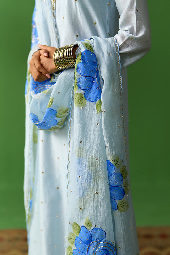 Sirat Vol. 2 Powder Blue Solid Straight Kurta With Palazzo And Hand Painted Dupatta ( Set Of 3)