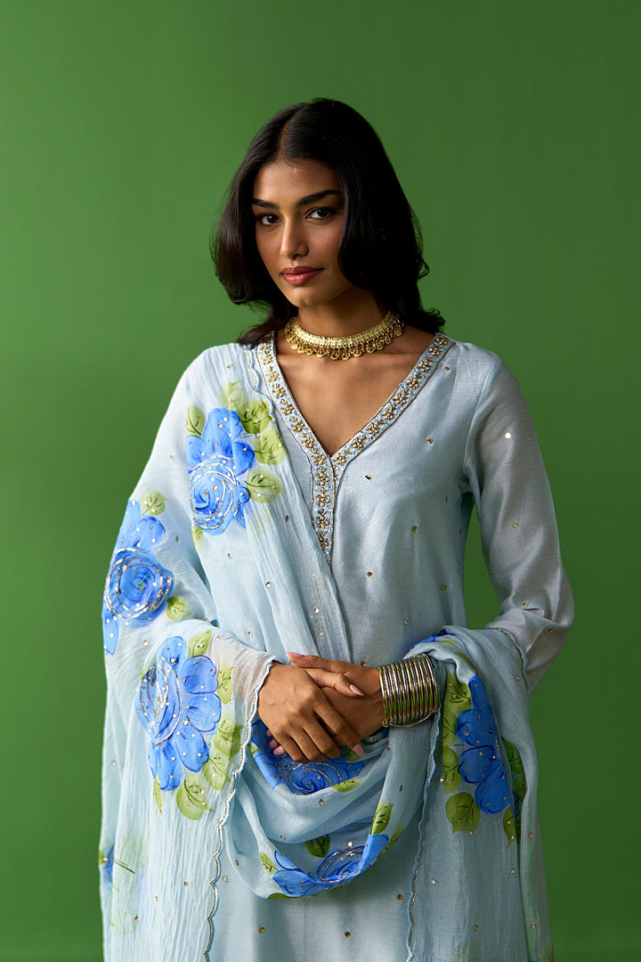 Sirat Vol. 2 Powder Blue Solid Straight Kurta With Palazzo And Hand Painted Dupatta ( Set Of 3)
