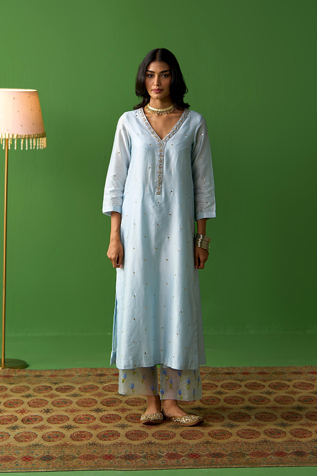 Sirat Vol. 2 Powder Blue Solid Straight Kurta With Palazzo And Hand Painted Dupatta ( Set Of 3)