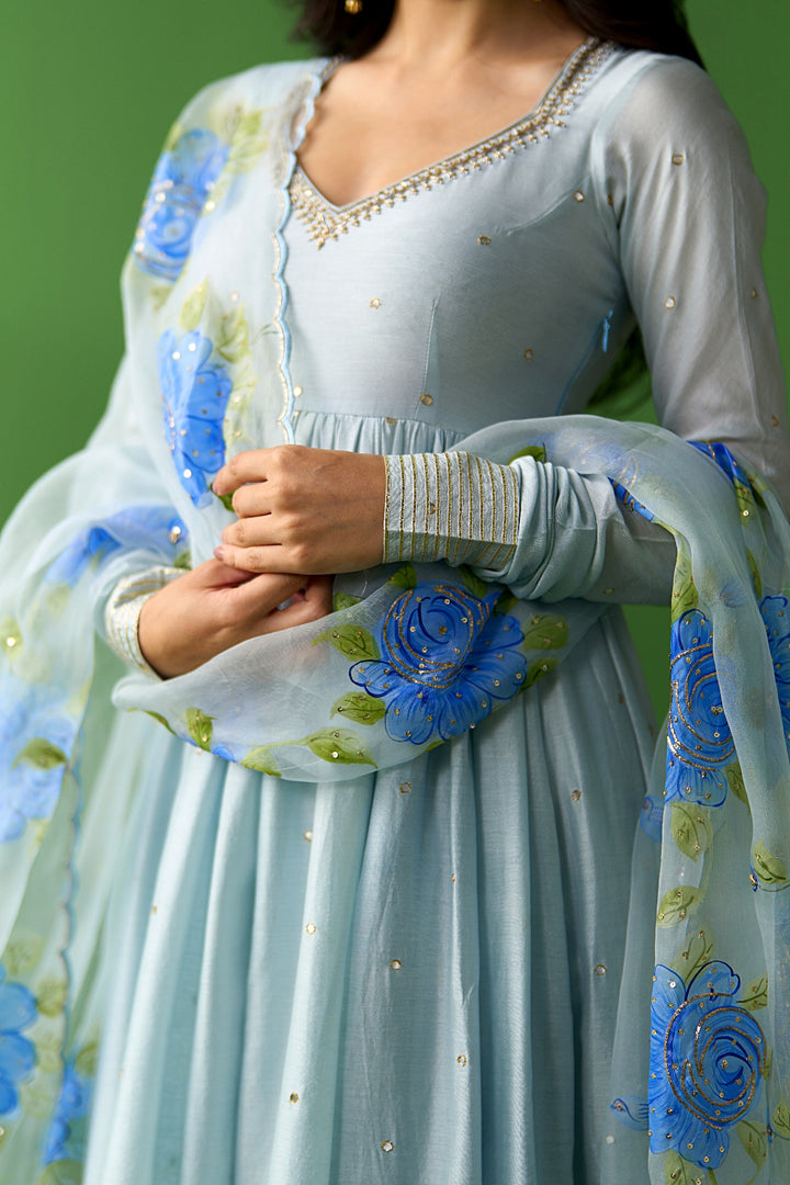 Sirat Vol. 2 Powder Blue Floral Border Organza Hand Painted Dupatta