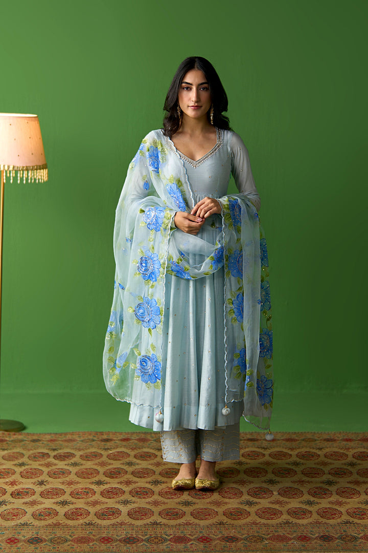 Sirat Vol. 2 Powder Blue Solid Anarkali With Palazzo And Hand Painted Dupatta ( Set Of 3)