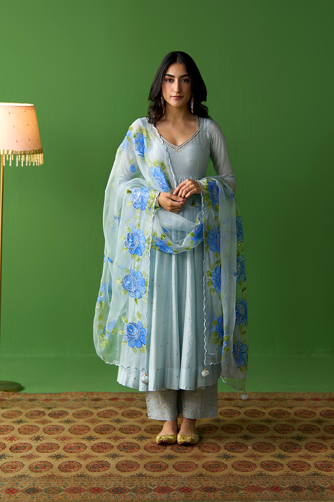 Sirat Vol. 2 Powder Blue Floral Border Organza Hand Painted Dupatta