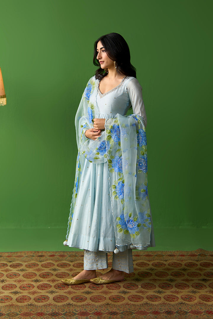 Sirat Vol. 2 Powder Blue Solid Anarkali With Palazzo And Hand Painted Dupatta ( Set Of 3)