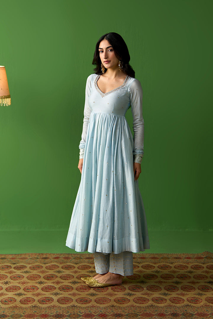 Sirat Vol. 2 Powder Blue Solid Anarkali With Palazzo And Hand Painted Dupatta ( Set Of 3)