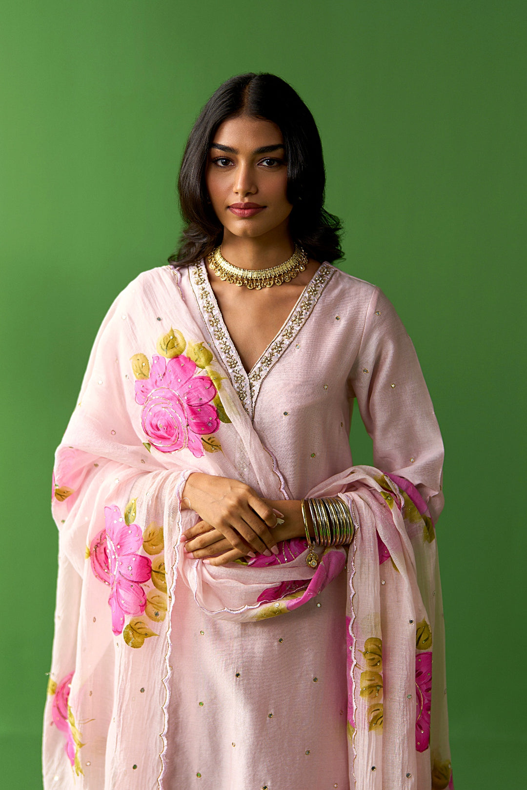 Sirat Vol. 2 Soft Pink Solid Straight Kurta With Palazzo And Hand Painted Dupatta ( Set Of 3)