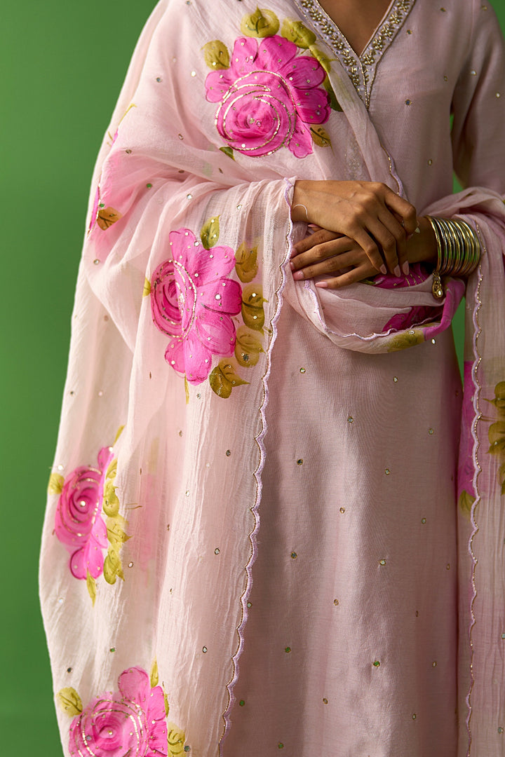 Sirat Vol. 2 Soft Pink Solid Straight Kurta With Palazzo And Hand Painted Dupatta ( Set Of 3)