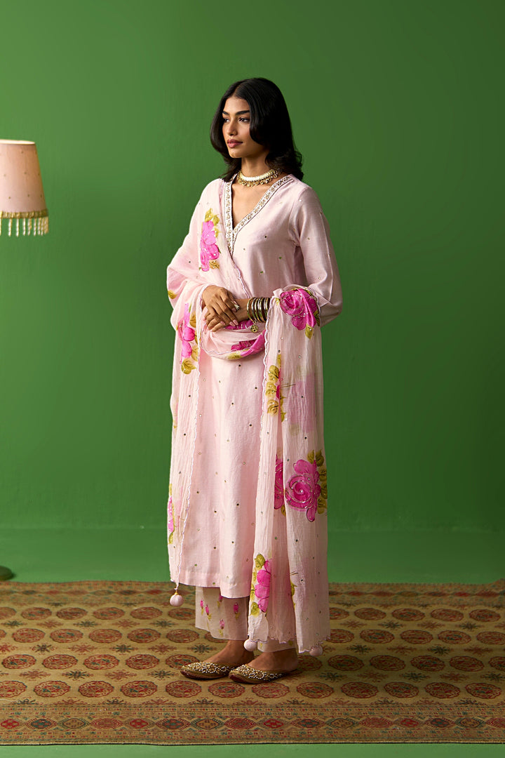 Sirat Vol. 2 Soft Pink Solid Straight Kurta With Palazzo And Hand Painted Dupatta ( Set Of 3)