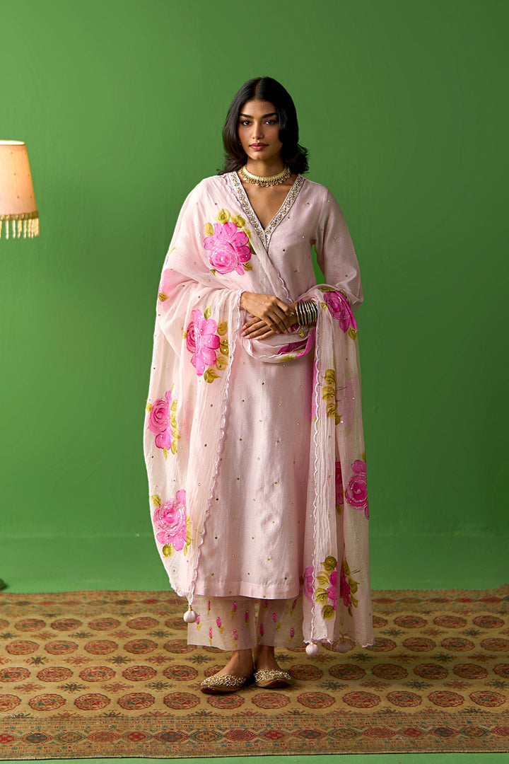 Sirat Vol. 2 Soft Pink Solid Straight Kurta With Palazzo And Hand Painted Dupatta ( Set Of 3)