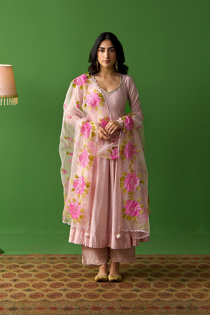 Sirat Vol. 2 Soft Pink Floral Border Organza Hand Painted Dupatta