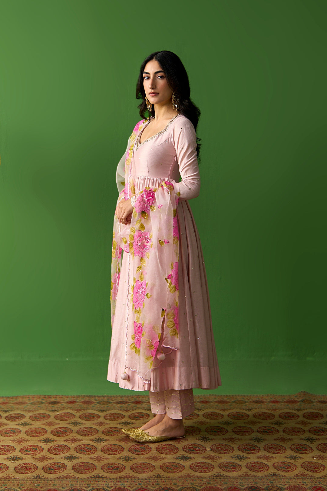 Sirat Vol. 2 Soft Pink Solid Anarkali With Palazzo And Hand Painted Dupatta ( Set Of 3)