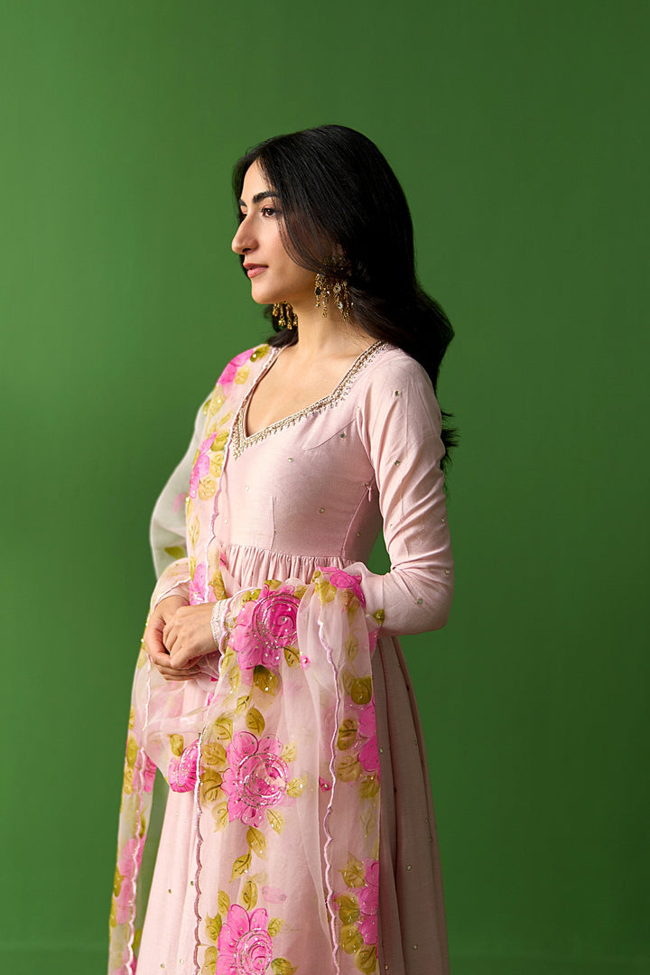 Sirat Vol. 2 Soft Pink Solid Anarkali With Palazzo And Hand Painted Dupatta ( Set Of 3)