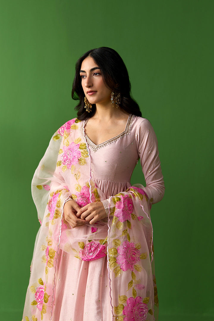 Sirat Vol. 2 Soft Pink Floral Border Organza Hand Painted Dupatta