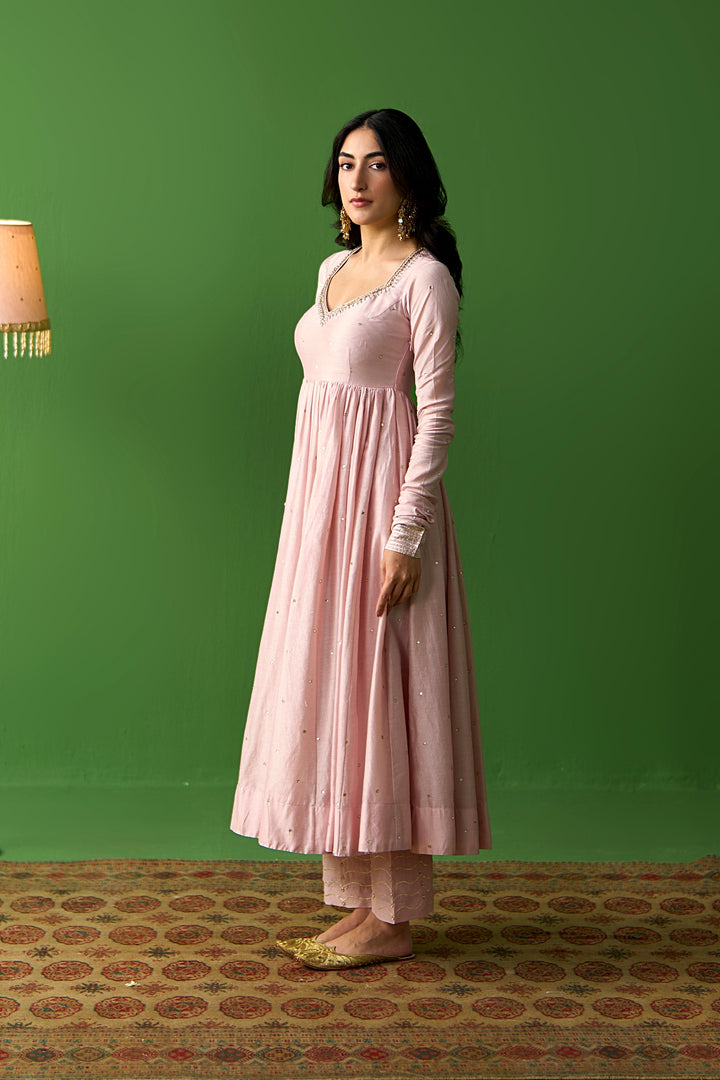 Sirat Vol. 2 Soft Pink Solid Anarkali With Palazzo And Hand Painted Dupatta ( Set Of 3)
