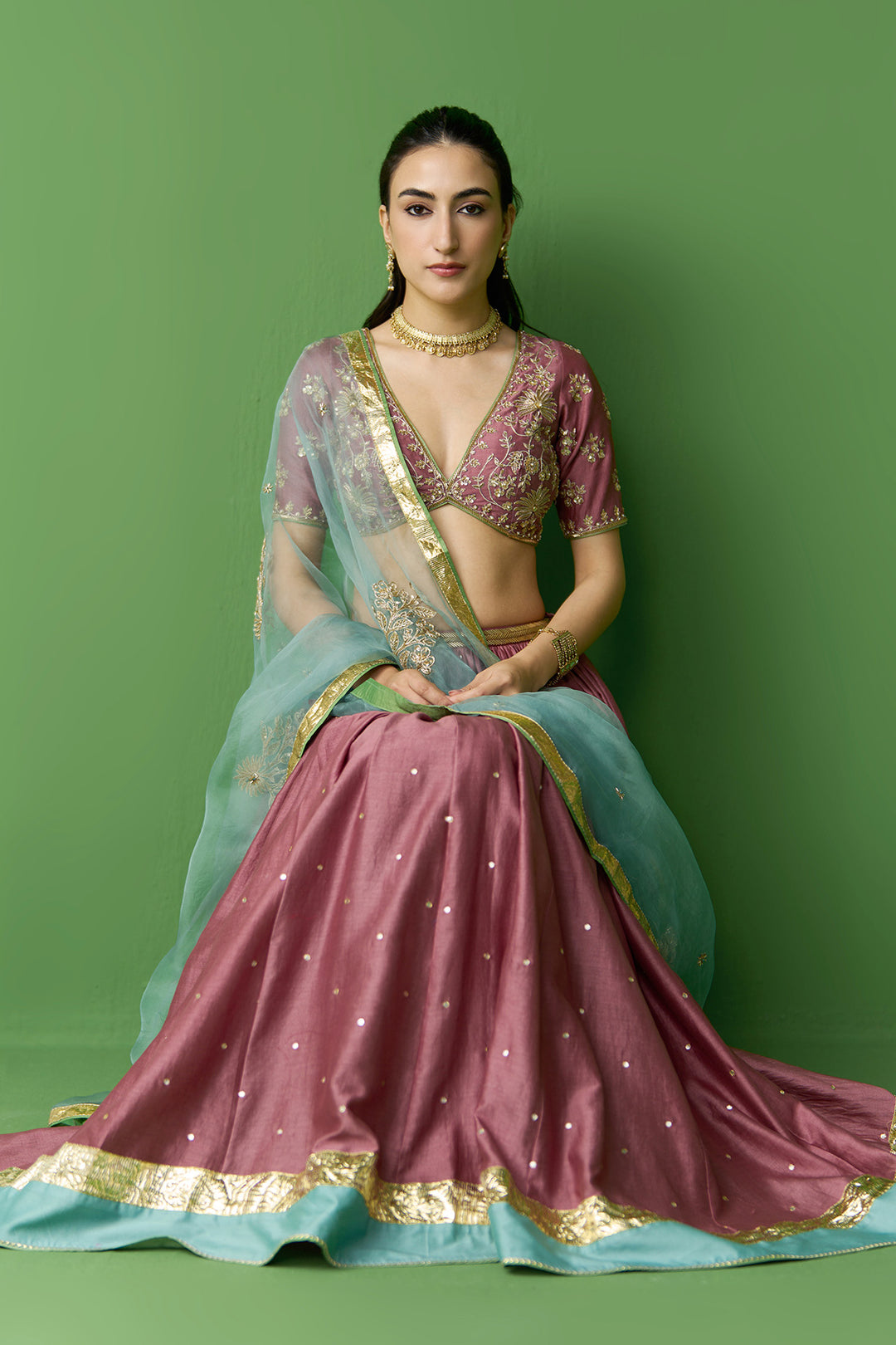 Gulnaar Onion Pink Embroidered oninon pink lehenga with blouse and dupatta ( set of 3)