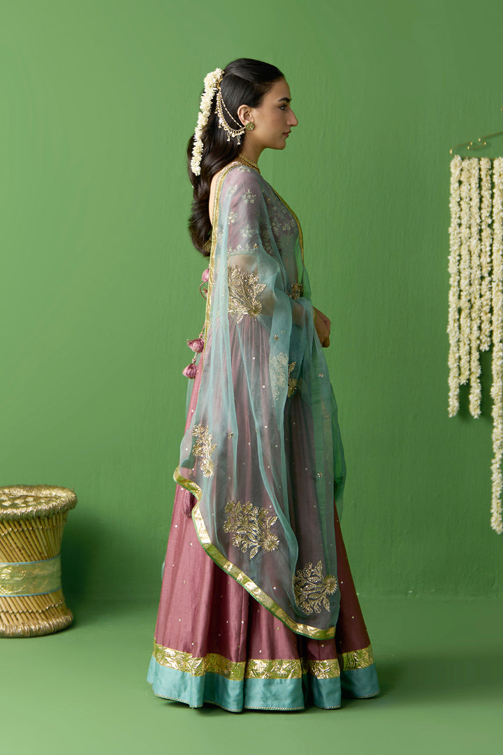 Gulnaar Onion Pink Embroidered oninon pink lehenga with blouse and dupatta ( set of 3)
