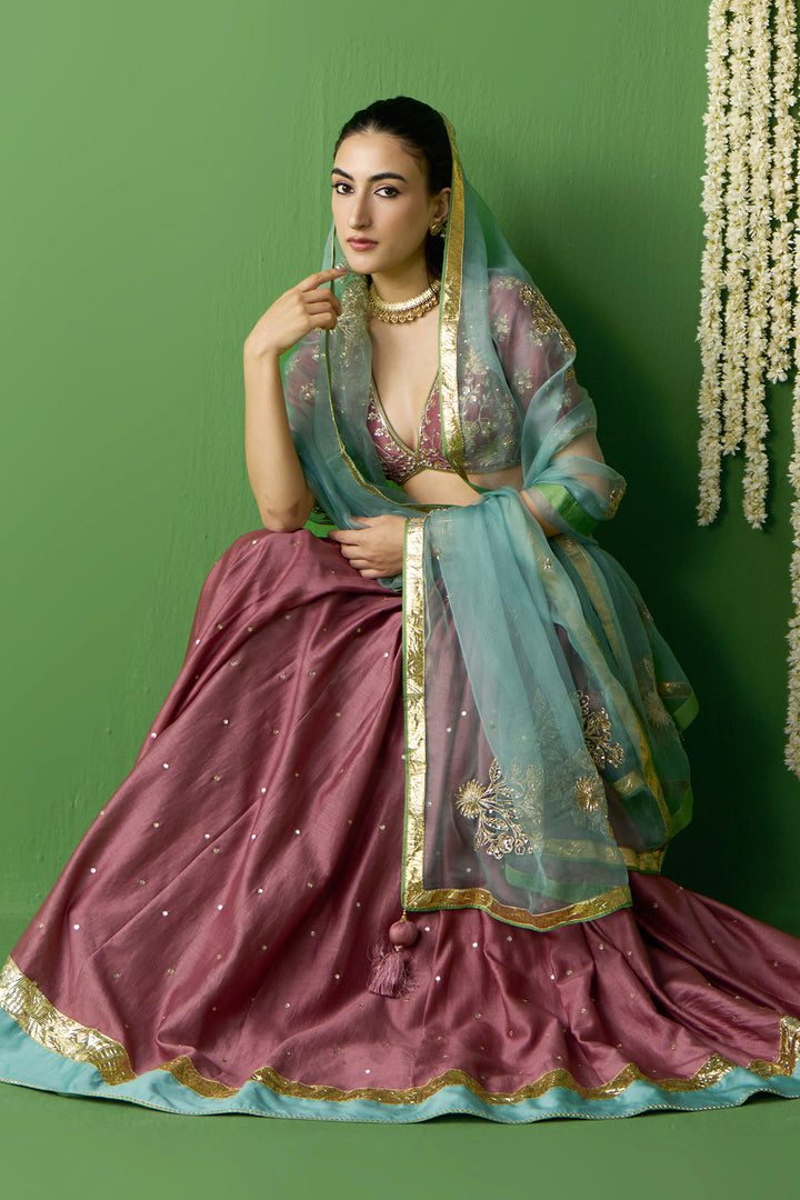 Gulnaar Onion Pink Embroidered oninon pink lehenga with blouse and dupatta ( set of 3)