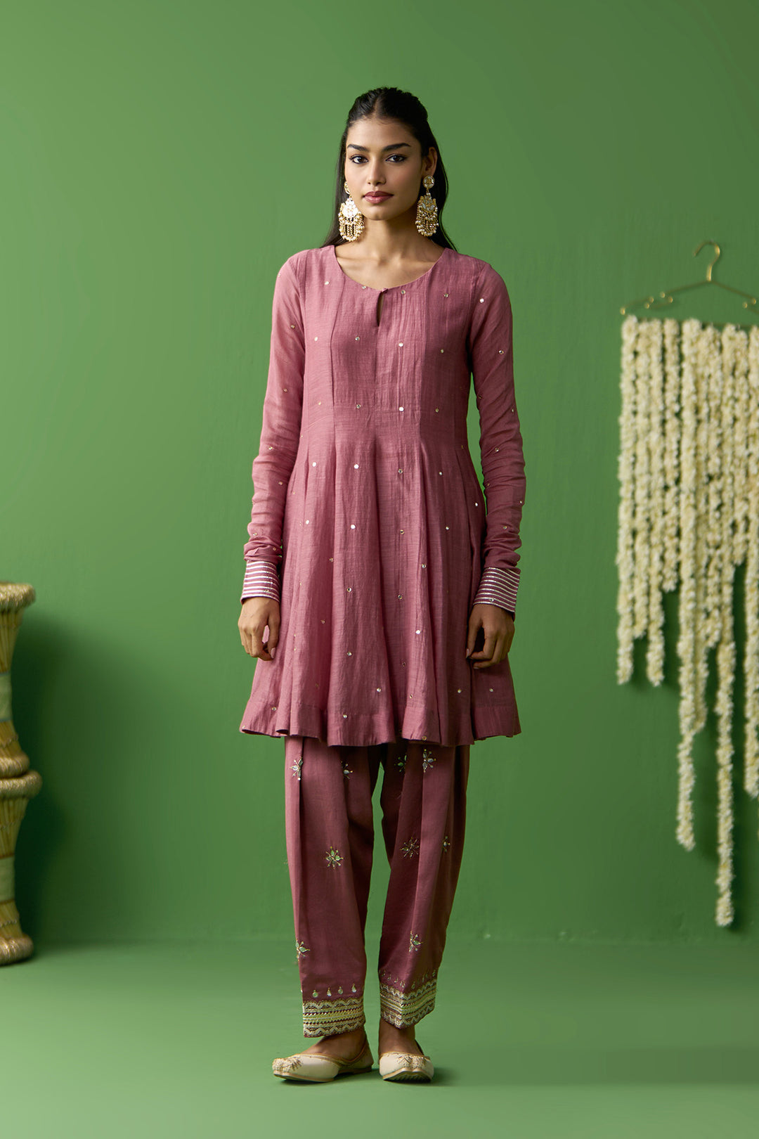 Gulnaar Onion Pink Turquoise With Green short anarkali with embroidered salwar and gota work dupatta ( set of 3)