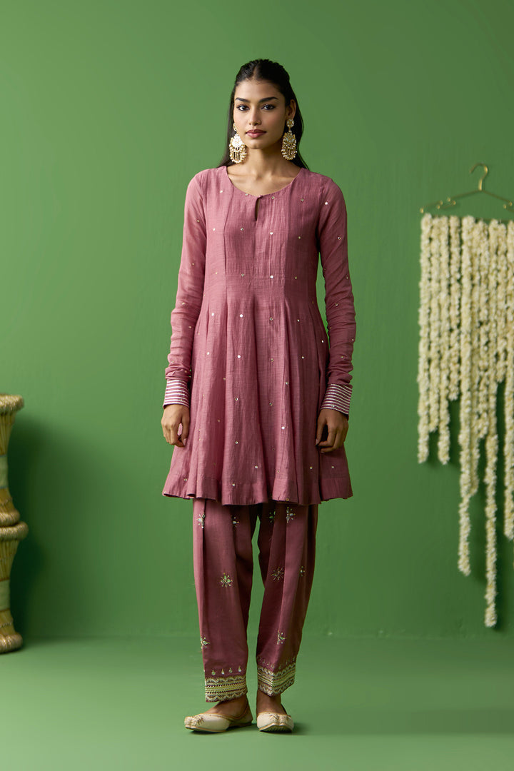 Gulnaar Onion Pink Turquoise With Green short anarkali with embroidered salwar and gota work dupatta ( set of 3)